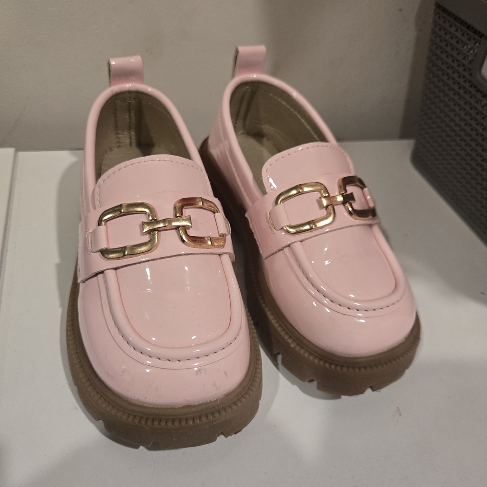 Pink Kids Loafers with Gold Accent
